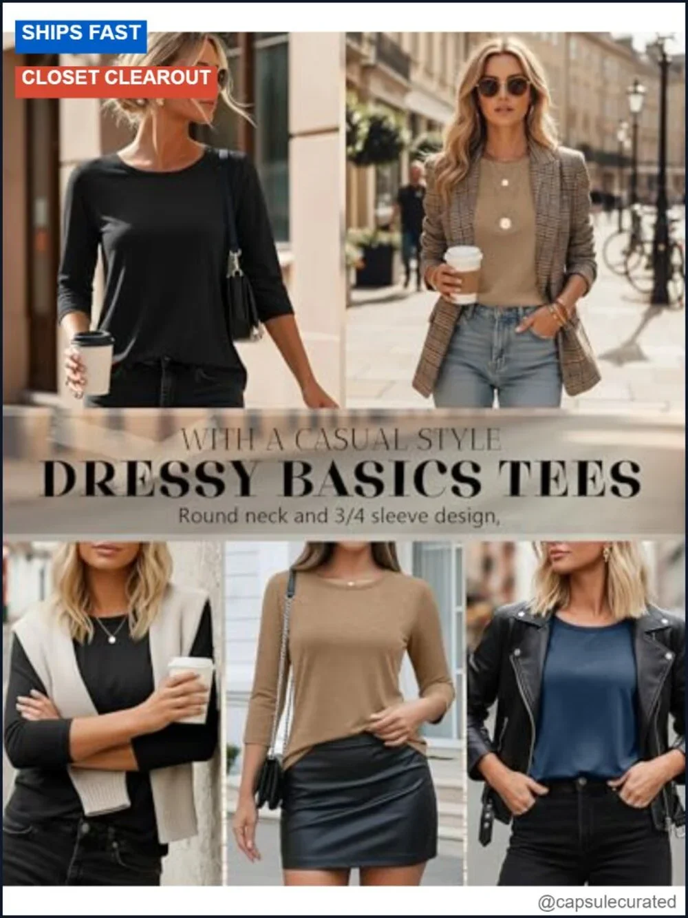 Women's 3/4 Sleeve T-Shirt 3-Pack Loose Fit Soft Rayon Blend Casual Tees